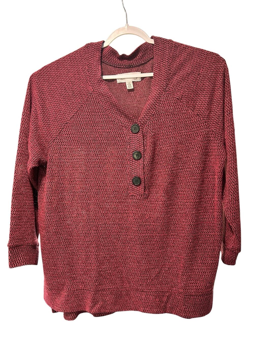 Textured Knit Henley Sweater Tunic Burgundy Black Plus 2X French Laundry